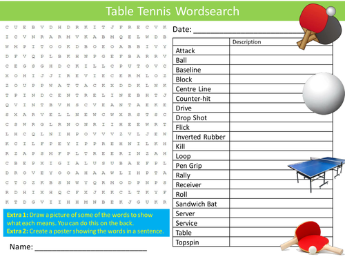 Table Tennis Wordsearch PE Sports Starter Settler Activity Homework Cover Lesson