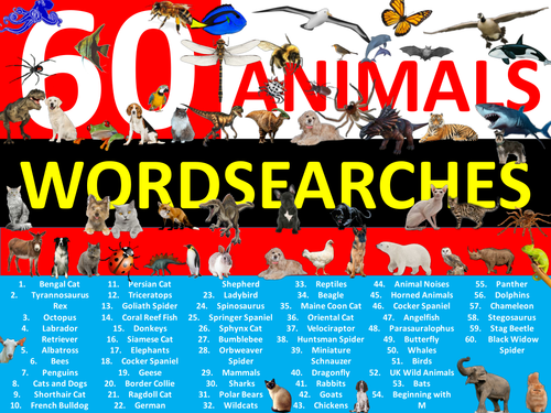 60 x Animals Wordsearch Animal Creatures Wordsearches Starter Settler Activity Homework Cover Lesson