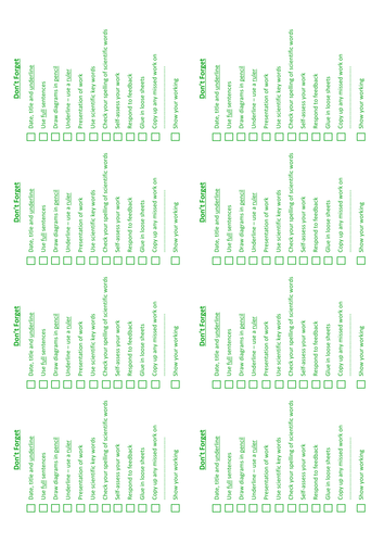 Science 'Don't Forget' Marking Feedback Stickers