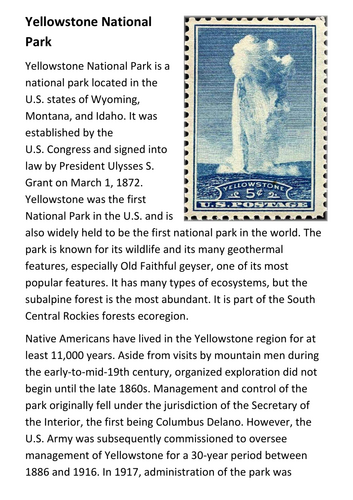 Yellowstone National Park Handout