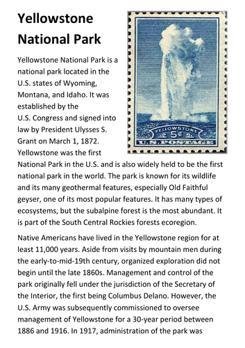 Yellowstone National Park Handout