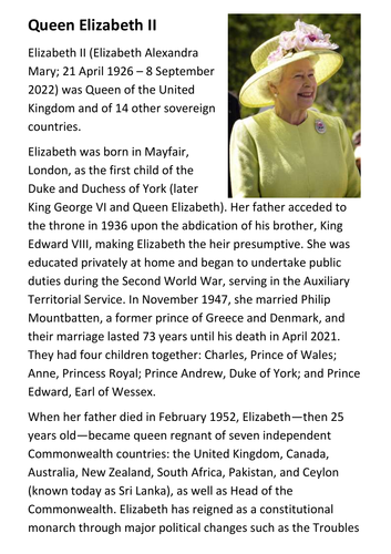 Queen Elizabeth II Handout