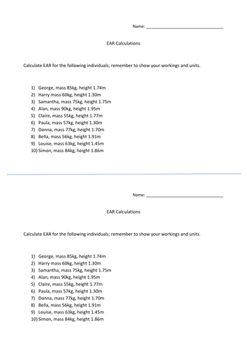 EAR (Estimated Average Requirement) calculation worksheet