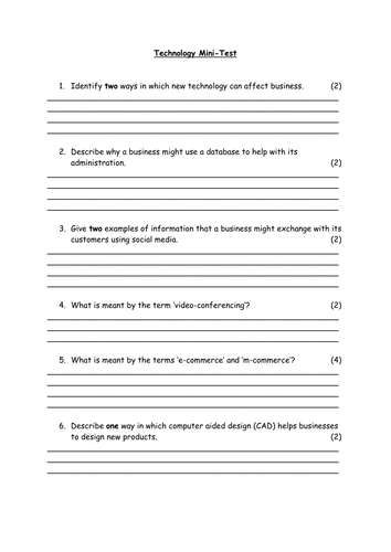 Technology in Production: Mini Test/Quiz