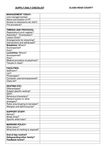 Supply teacher daily checklist, class feedback form and some useful websites