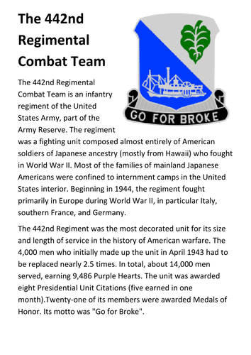 The 442nd Regimental Combat Team Handout | Teaching Resources