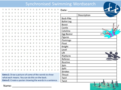 Synchronised Swimming Wordsearch PE Sports Starter Settler Activity Homework Cover Lesson