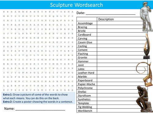 Sculpture Wordsearch Art & Design Starter Settler Activity Homework Cover Lesson