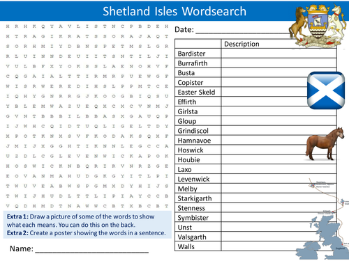 Shetland Isles Wordsearch Geography Starter Settler Activity Homework Cover Lesson