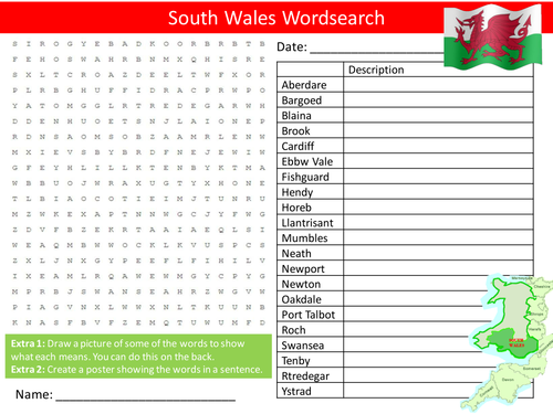 South Wales Wordsearch Geography Starter Settler Activity Homework Cover Lesson