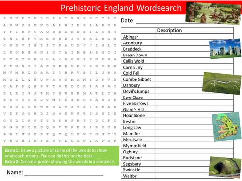 Prehistoric England Wordsearch History Starter Settler Activity Homework Cover Lesson