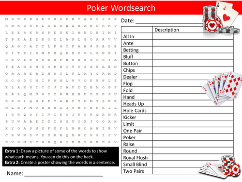 Poker Wordsearch Card Games Starter Settler Activity Homework Cover Lesson