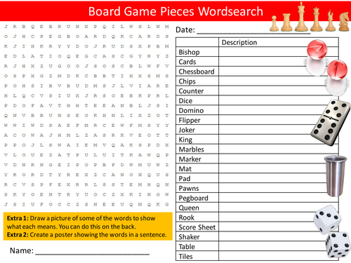 Board Game Pieces Wordsearch Design Technology Starter Settler Activity Homework Cover Lesson