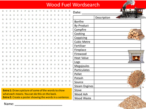 Wood Fuel Wordsearch Science Physics Energy Starter Settler Activity Homework Cover Lesson