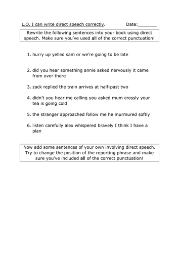 Punctuating direct speech Y3,4,5 worksheets