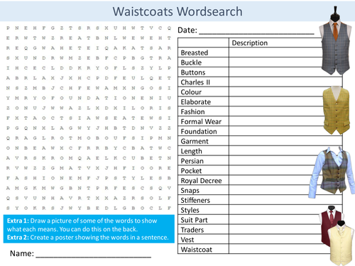 Waistcoats Wordsearch Textiles Clothes Starter Settler Activity Homework Cover Lesson