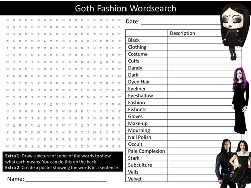 Goth Fashion Wordsearch Clothes Textiles Starter Settler Activity Homework Cover Lesson