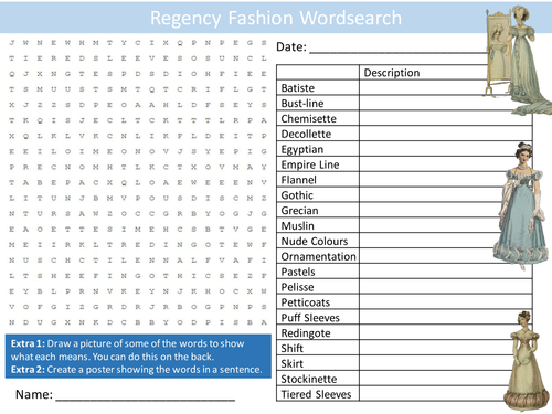 Regency Fashion Wordsearch Clothes Textiles Starter Settler Activity Homework Cover Lesson