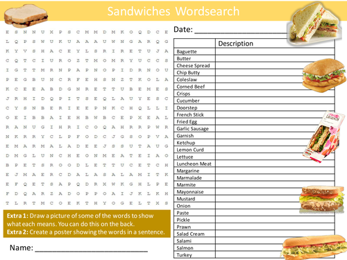 Sandwiches Wordsearch Food Technology Starter Settler Activity Homework Cover Lesson