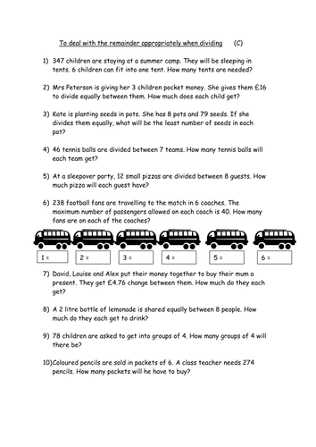 Worksheet for solving division word problems where the remainder needs dealing with