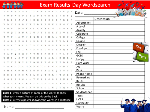 Exam Results Day Wordsearch Ambition PHSE PSHE Starter Settler Activity Homework Cover Lesson