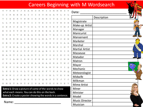 Careers Beginning with M Wordsearch Jobs Planning Starter Settler Activity Homework Cover Lesson