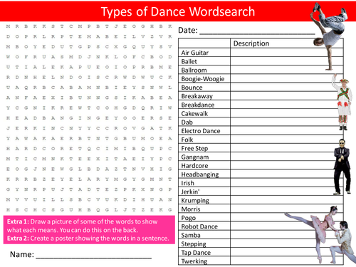 Types of Dance Wordsearch Dancing Sports Starter Settler Activity Homework Cover Lesson
