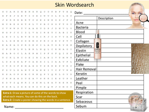 Skin Wordsearch Health Keeping Clean Starter Settler Activity Homework Cover Lesson