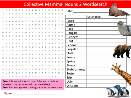 Mammals Collective Nouns 2 Wordsearch English Starter Settler Activity Homework Cover Lesson