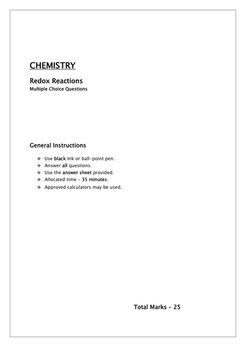Redox reactions MCQ /oxidation numbers,calculations and equations