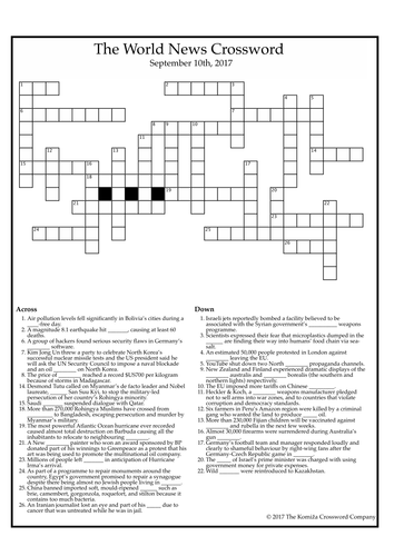 The World News Crossword - September 10th, 2017