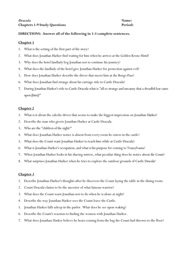 Dracula Comprehension Questions Worksheets