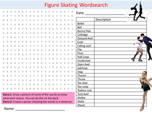 Figure Skating Wordsearch PE Sports Starter Settler Activity Homework Cover Lesson