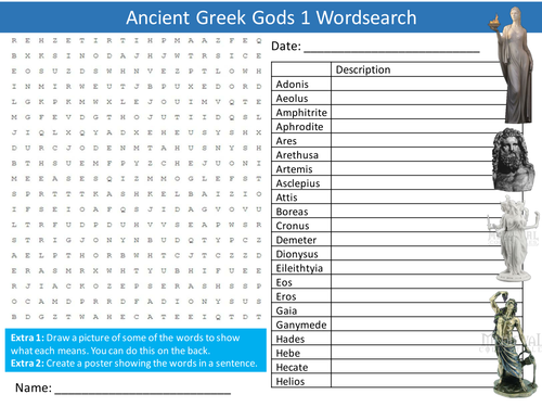 Ancient Greek Gods 1 Wordsearch Myths Legends Starter Settler Activity Homework Cover Lesson
