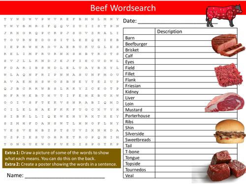 Beef Wordsearch Cows Meat Food Technology Starter Settler Activity Homework Cover Lesson