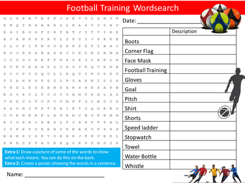 Football Training Wordsearch PE Sports Starter Settler Activity Homework Cover Lesson