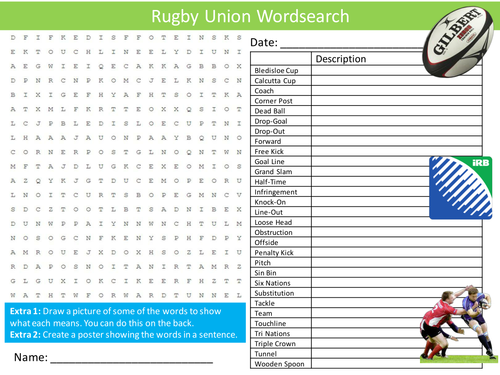 Rugby Union Wordsearch PE Sports Starter Settler Activity Homework Cover Lesson