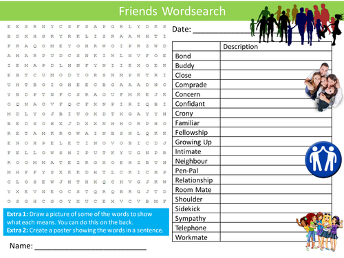 Friends Wordsearch Friendships PSHE PHSE Starter Settler Activity Homework Cover Lesson