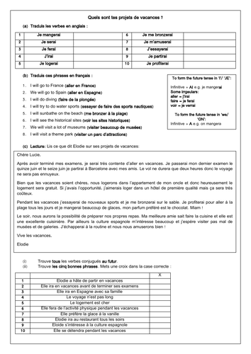 French GCSE Holidays Future Tense: two worksheets (reading, vocabulary, grammar & translation)