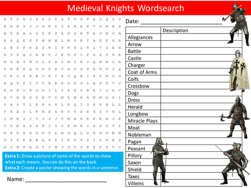 Medieval Knights Wordsearch History Starter Settler Activity Homework Cover Lesson