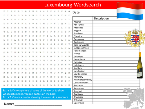 Luxembourg Wordsearch Country Geography Starter Settler Activity Homework Cover Lesson