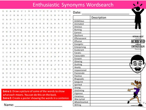 Enthusiastic Synonyms Wordsearch English Language Starter Settler Activity Homework Cover Lesson