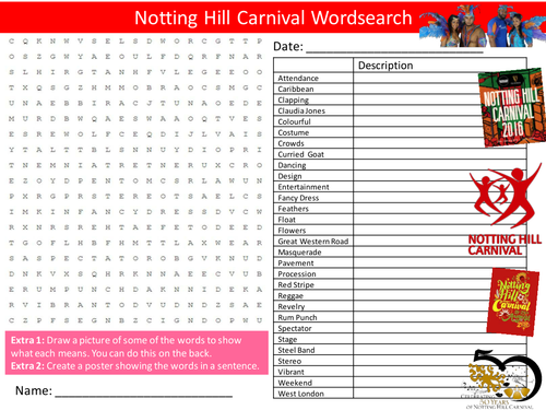 Notting Hill Carnival Wordsearch Celebrations Starter Settler Activity Homework Cover Lesson
