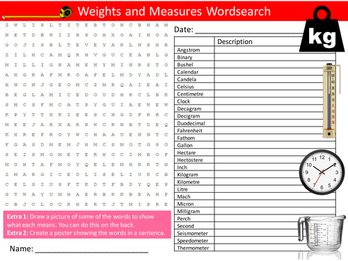 Weights and Measures Wordsearch Metric Imperial Starter Settler Activity Homework Cover Lesson