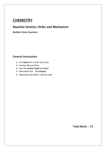 Reaction Kinetics Order and Mechanism /MCQ