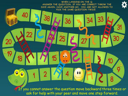 Snakes and ladders game with differentiated questions supporting studio1 module 1 learning