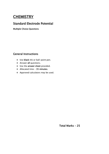 Standard Electrode potential MCQ