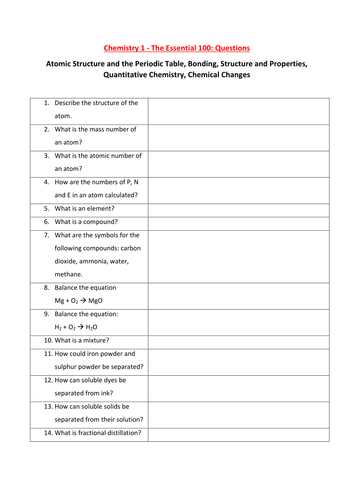 Gcse Chemistry 1 Essential 100 Revision Questions And Answers New Spec 18 Teaching Resources