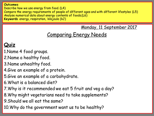 Food and Health - Comparing Energy Needs