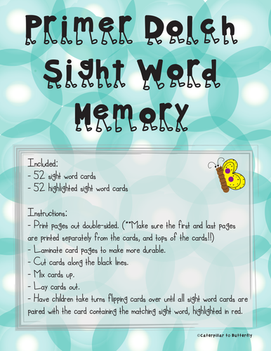 Primer Sight Word Memory: Highlighted Word Version
